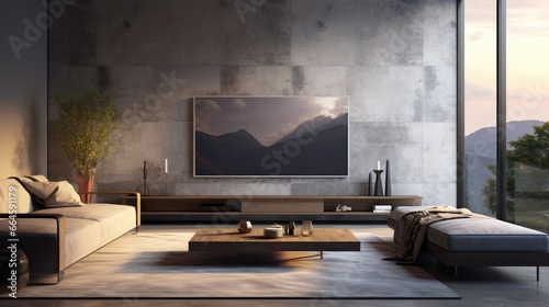Living room led tv on grey concrete wall, empty interior photo