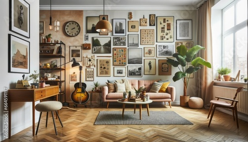 Photo of a trendy hipster apartment interior, showcasing a combination of mid-century modern furniture and vintage finds. A gallery wall with an assortment of art prints and photographs.