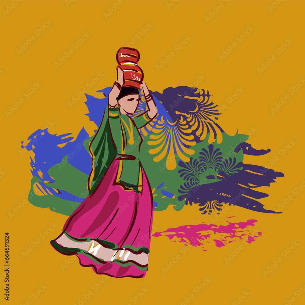 Bihar state India ethnic indian woman girl dance traditional sketch isolated decorative