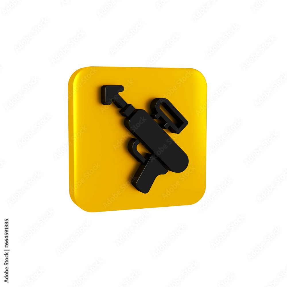 Black Fishing harpoon icon isolated on transparent background. Fishery manufacturers for catching fish under water. Diving underwater equipment. Yellow square button. Black Fishing harpoon icon isolated on transparent background. Fishery manufacturers for catching fish under water. Diving underwater equipment. Yellow square button.