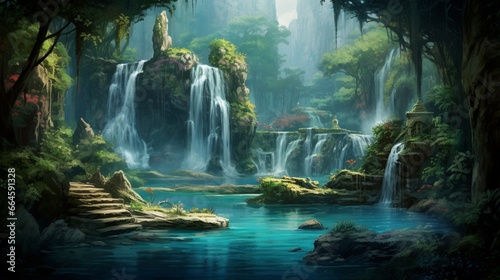A peaceful waterfall surrounded by lush vegetation, with the water fading from crystal clear to aqua.