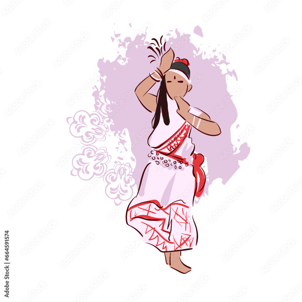 West Bengal state India ethnic indian woman girl dance traditional sketch isolated decorative