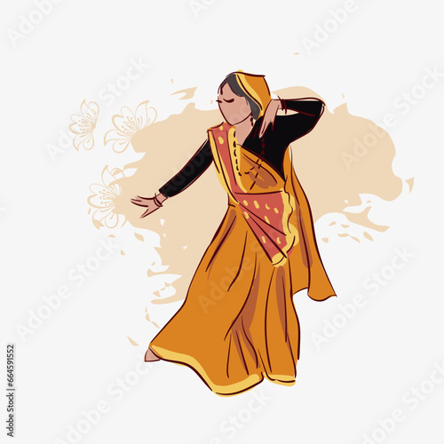 Uttarakhand state India ethnic indian woman girl dance traditional sketch isolated decorative