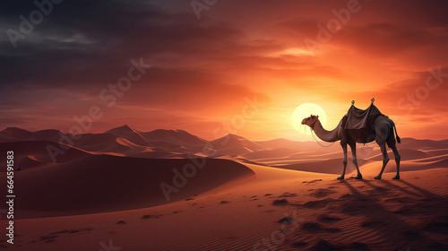 A camel silhouette against a sunset desert landscape with clouds.