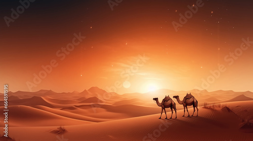 Camel caravan in the Sahara desert at sunset.