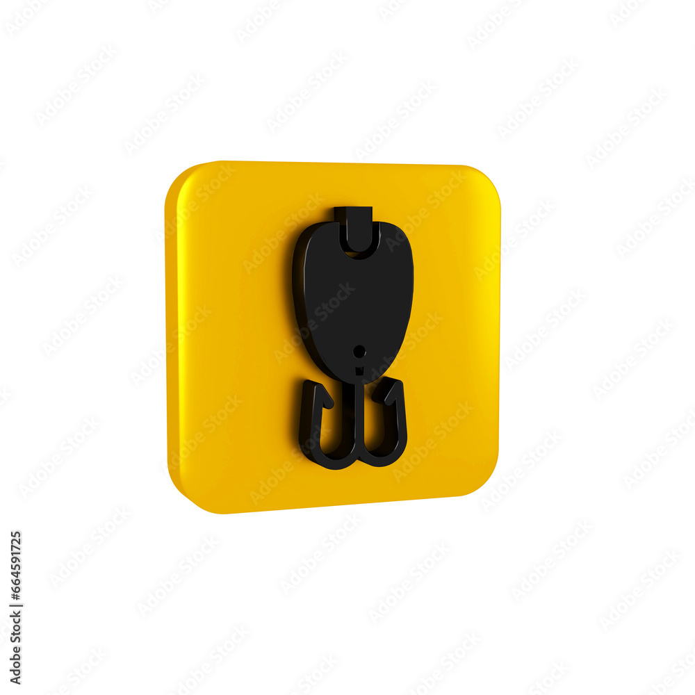Black Fishing lure icon isolated on transparent background. Fishing tackle. Yellow square button. Black Fishing lure icon isolated on transparent background. Fishing tackle. Yellow square button.