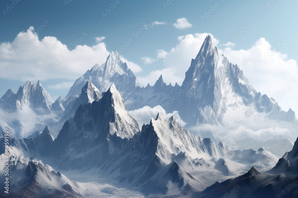 Fantasy landscape with mountains and blue sky. 3D illustration.