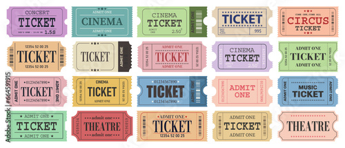 Vector set of admit one tickets template. Ticket for cinema,movie,circus,theater,film,festival,casino,club,music etc. Event admission, entrance pass set .Vector illustration