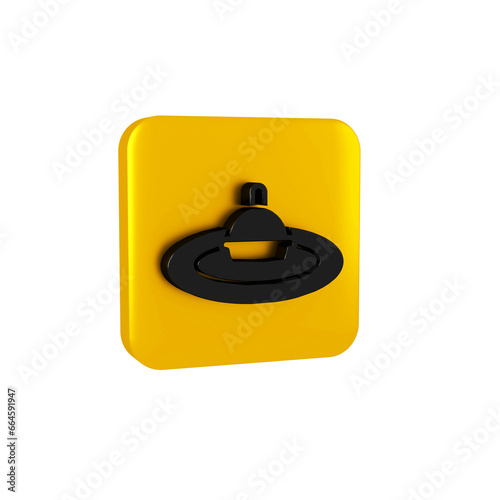 Black Fishing float in water icon isolated on transparent background. Fishing tackle. Yellow square button.