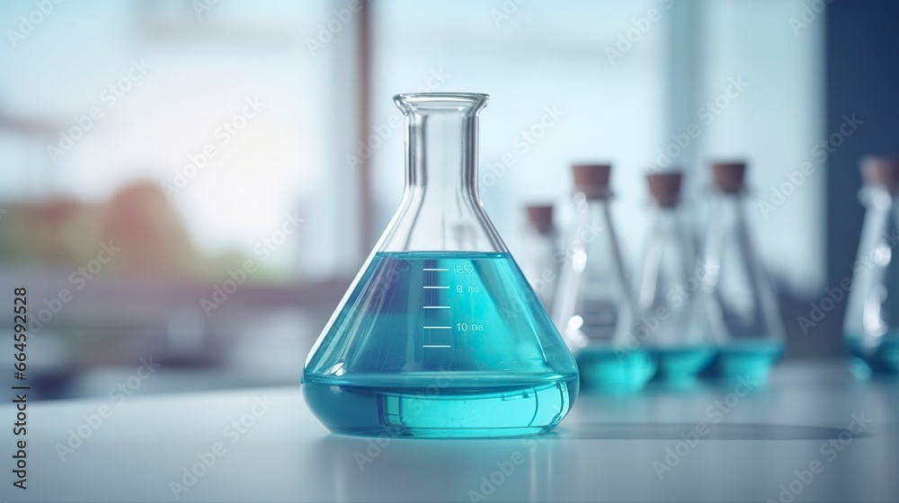 A Science Beaker in the laboratory on a table white and light blue background.. laboratory equipment out of focus. A Science Beaker in the laboratory on a table white and light blue background.. laboratory equipment out of focus.