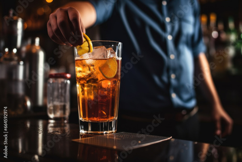 A bartender prepares a cocktail, adding a lemon twist in a dimly lit bar.