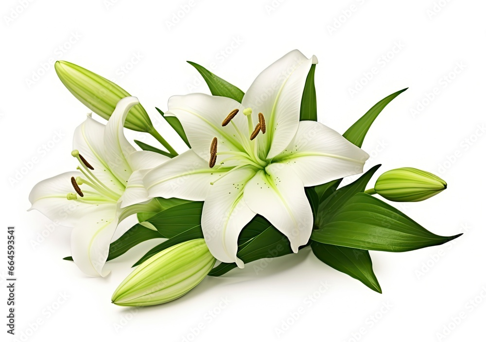 Beautiful fresh lily flower with green leaves, isolated on white background.