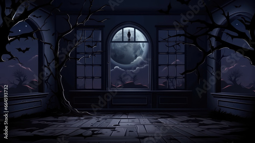 Halloween room background with full moon, haunted house, bats and window