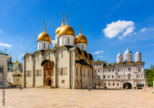 Sobornaya square of Moscow Kremlin with cathedral of Dormition (Uspensky Sobor) and Patriarshy cathedral, Russia photo