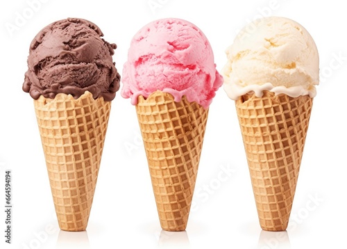 Chocolate, vanilla and strawberry Ice cream in the cone on white background.