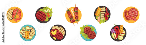 Grilled Food with Meat and Vegetables Served on Plates Vector Set