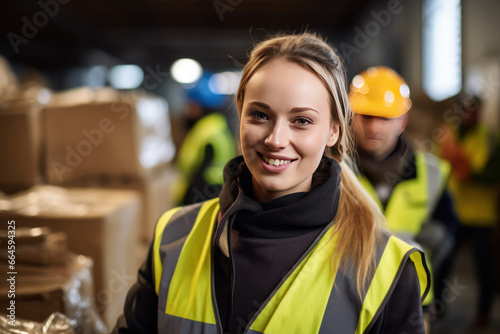Portrait of happy female warehouse worker looking at camera with colleagues in background