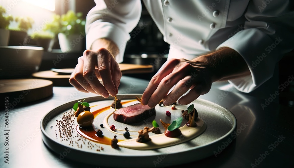 A chef meticulously prepares a gourmet meal. A chef meticulously prepares a gourmet meal.