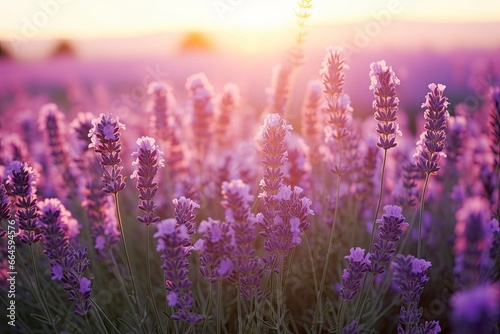 Close up lavender flowers in beautiful field at sunset.