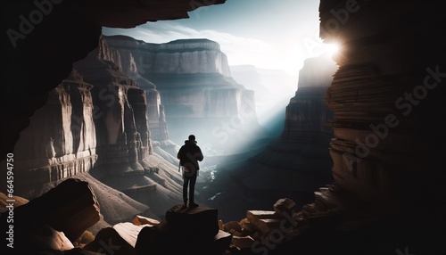 A lone traveler stands in front of a wide canyon.