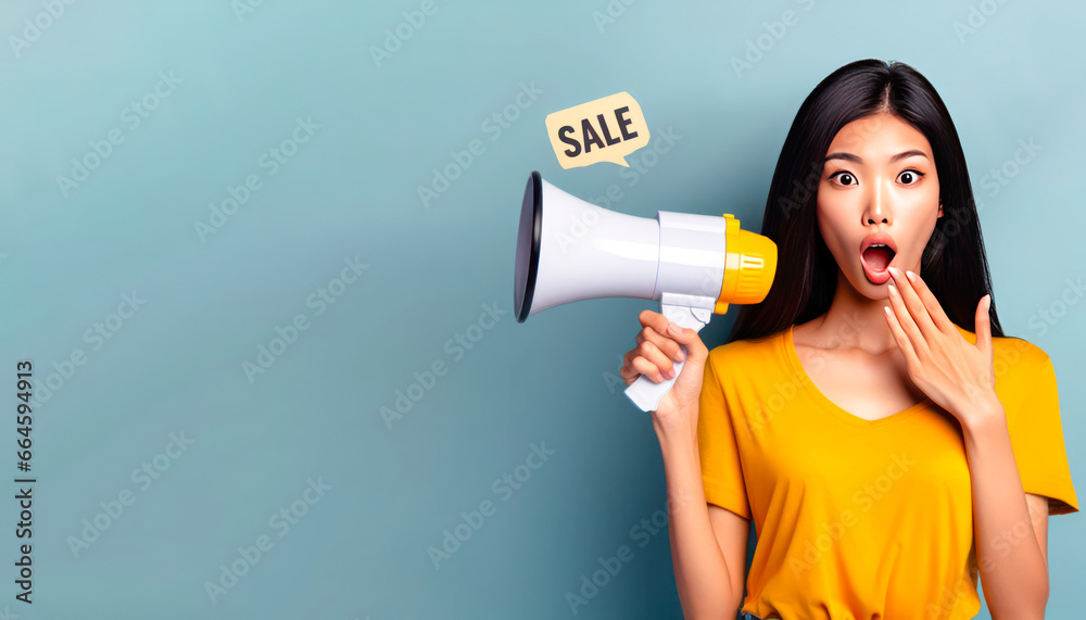 Asian woman wears yellow shirt hold scream in megaphone announces discounts sale. ai generative Asian woman wears yellow shirt hold scream in megaphone announces discounts sale. ai generative