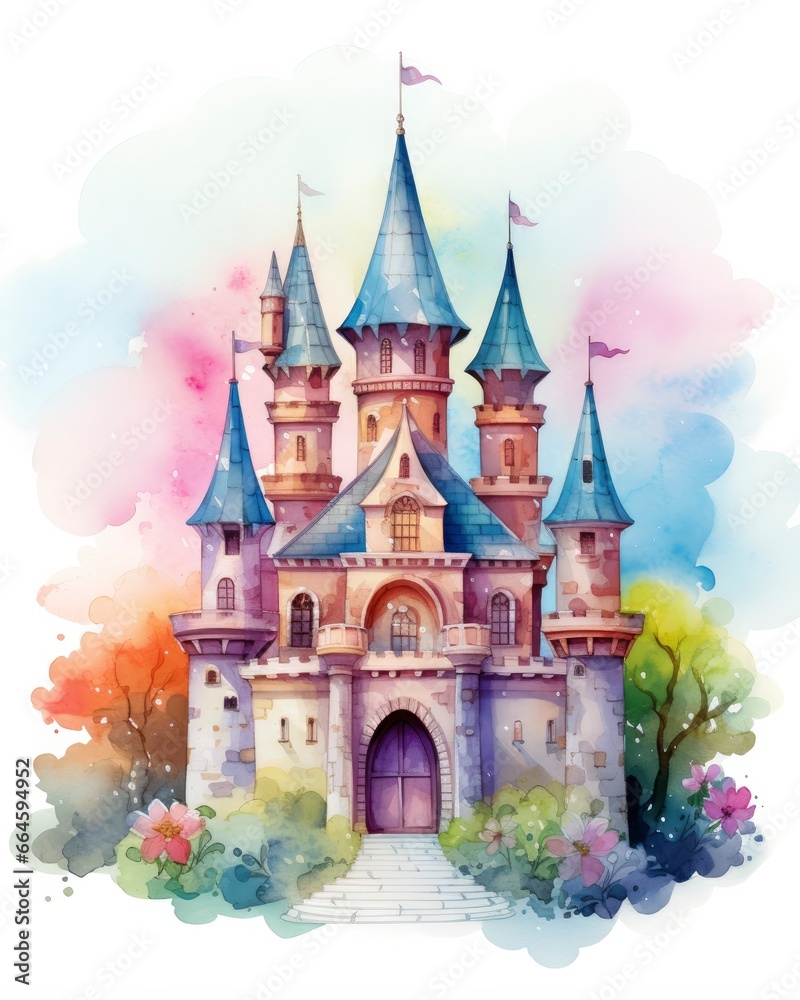 Colorful watercolor kawaii castle isolated on white background.