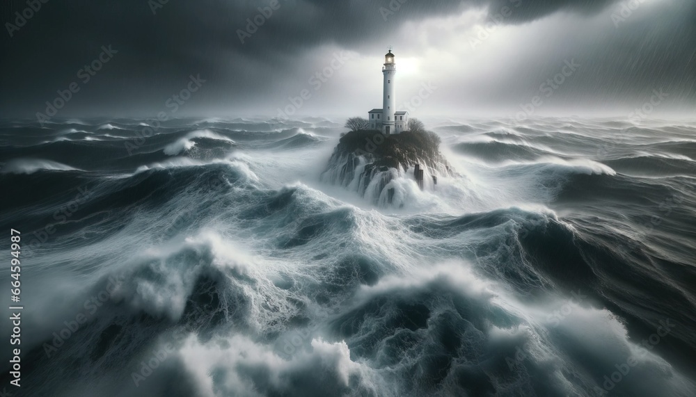 A lonely lighthouse on an island, standing against stormy seas.