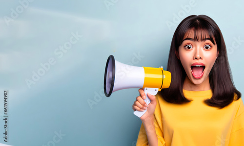 Asian woman wears yellow shirt hold scream in megaphone announces discounts sale. ai generative