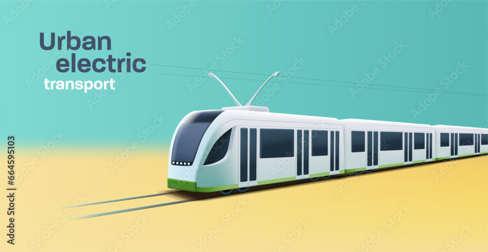 City transport. Modern Tram or train 3d illustration on the rails, urban public transport