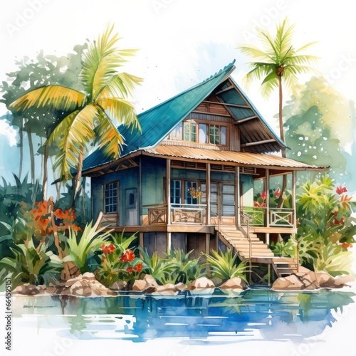 A watercolored bright serene image of a traditional bahay kubo. photo