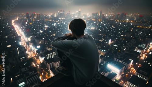 Lonely person sitting on the rooftop against the distant glow of city skyline lights.