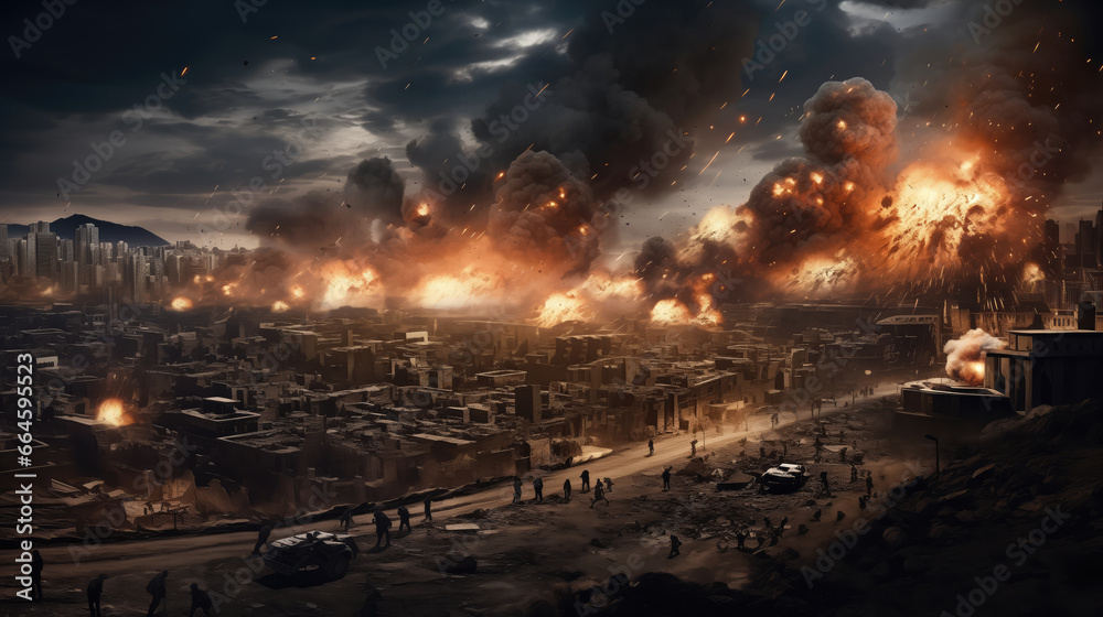 Conceptual image of Warfare with burning cityscape in the background