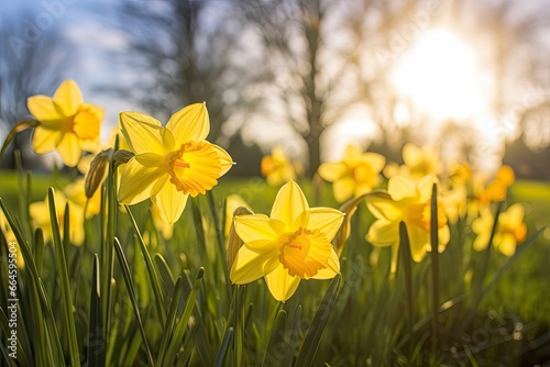 Daffodils in spring backlit by sun. © MstHafija