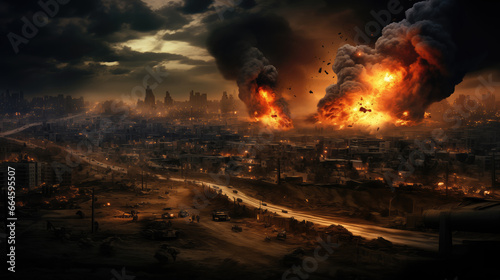 Big city destroyed by fire and smoke. Disaster war concept.