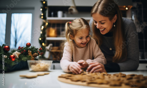 A mother and daughter baking festive christmas cookies together at home during the holidays