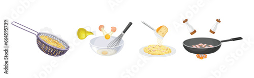 Pasta Cooking Process with Frying, Mixing in Bowl and Colander Vector Set