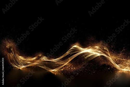 An image of flowing abstract gold particles forming a digital wave, symbolizing technology. Generative AI photo