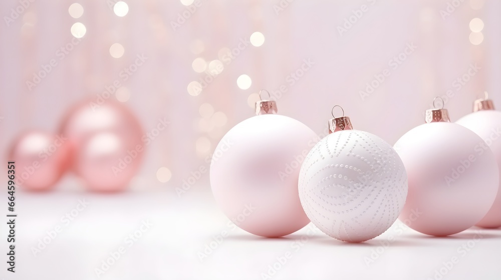Christmas balls with golden confetti and bokeh. Festive light pink pastel background. Christmas balls with golden confetti and bokeh. Festive light pink pastel background.