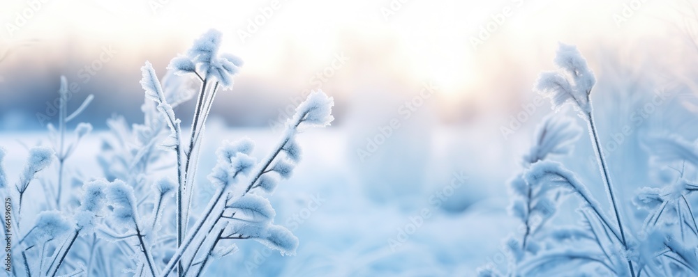Frozen snowy grass, winter natural abstract background. beautiful winter landscape.