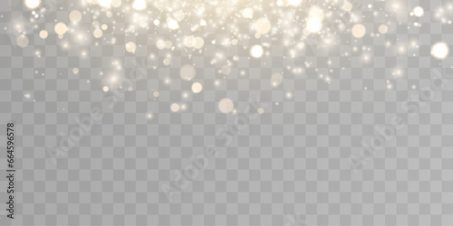 Gold dust light bokeh. Christmas glowing bokeh and glitter overlay texture for your design on a transparent background. . 