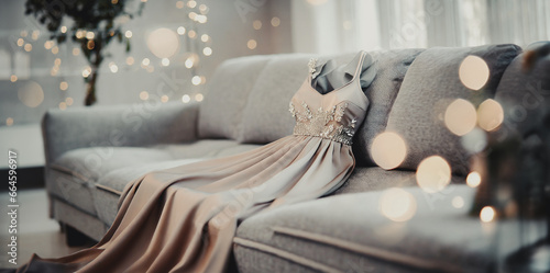 immagine con elegante abito da sera femminile adagiato su un divano, ambiente lussuoso e raffinato photo