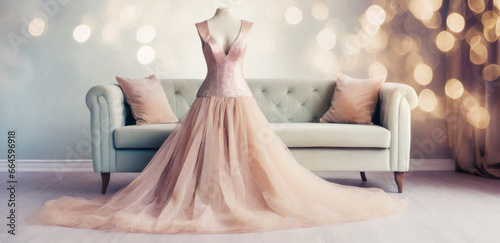 immagine con elegante abito da sera femminile su un manichino, ambiente lussuoso e raffinato photo