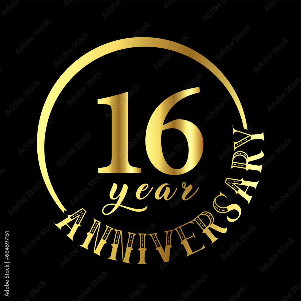Fototapeta premium 16 year anniversary celebration. Anniversary logo with golden color vector illustration.