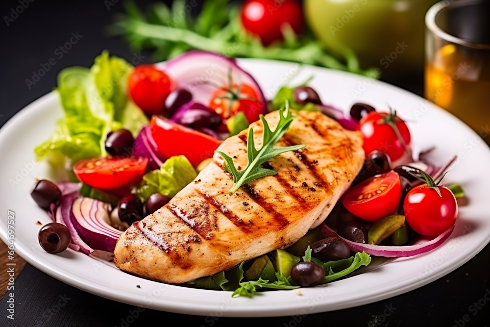 Grilled chicken breast with tomatoes, red pepper, organic green and kalamata olives. Grilled chicken breast with tomatoes, red pepper, organic green and kalamata olives.