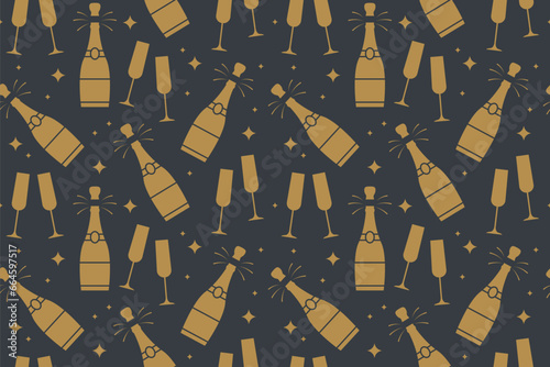 Photography golden New Year's Eve, party golden seamless pattern with champagne glasses, bot