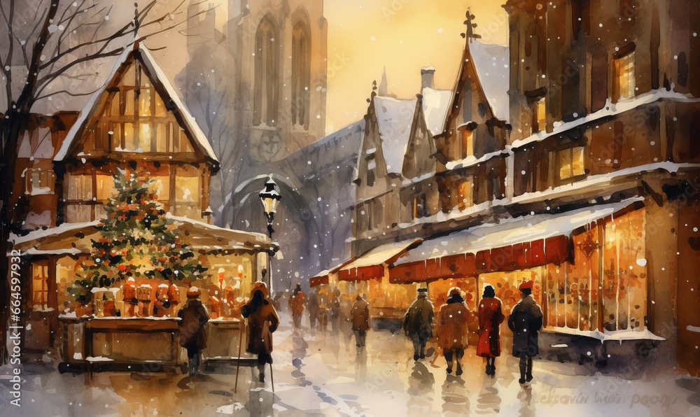 Christmas market vintage watercolor scene - obrazy, fototapety, plakaty 