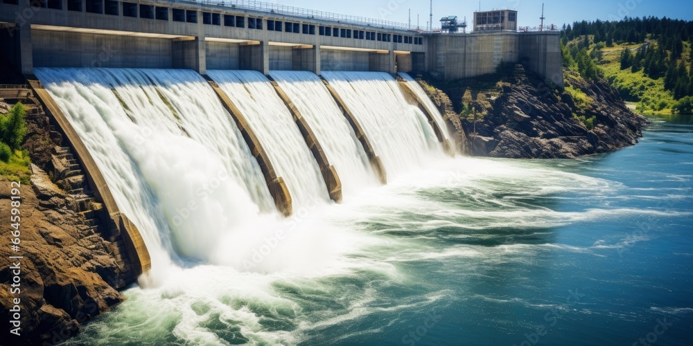 Hydroelectric dam generating green energy from flowing water.