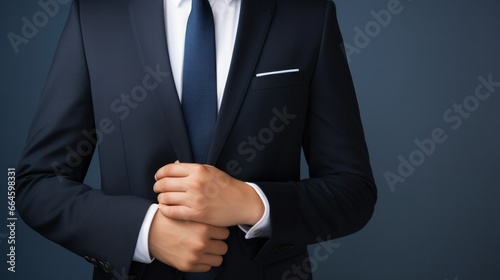 Man in suit in front of dark blue background