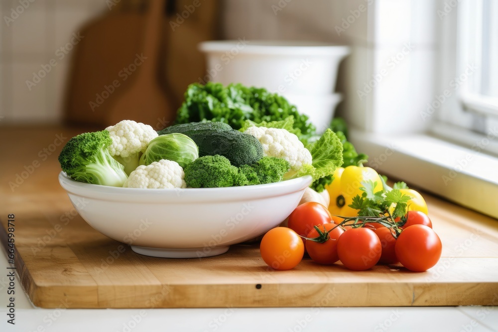 Kitchen still life with white bowl of washed vegetables on wooden desk. Kitchen still life with white bowl of washed vegetables on wooden desk.