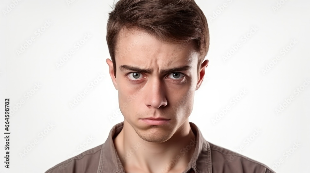 A serious young man, isolated on a white background, portraying moments of contemplation, showcasing a solemn demeanor. A serious young man, isolated on a white background, portraying moments of contemplation, showcasing a solemn demeanor.